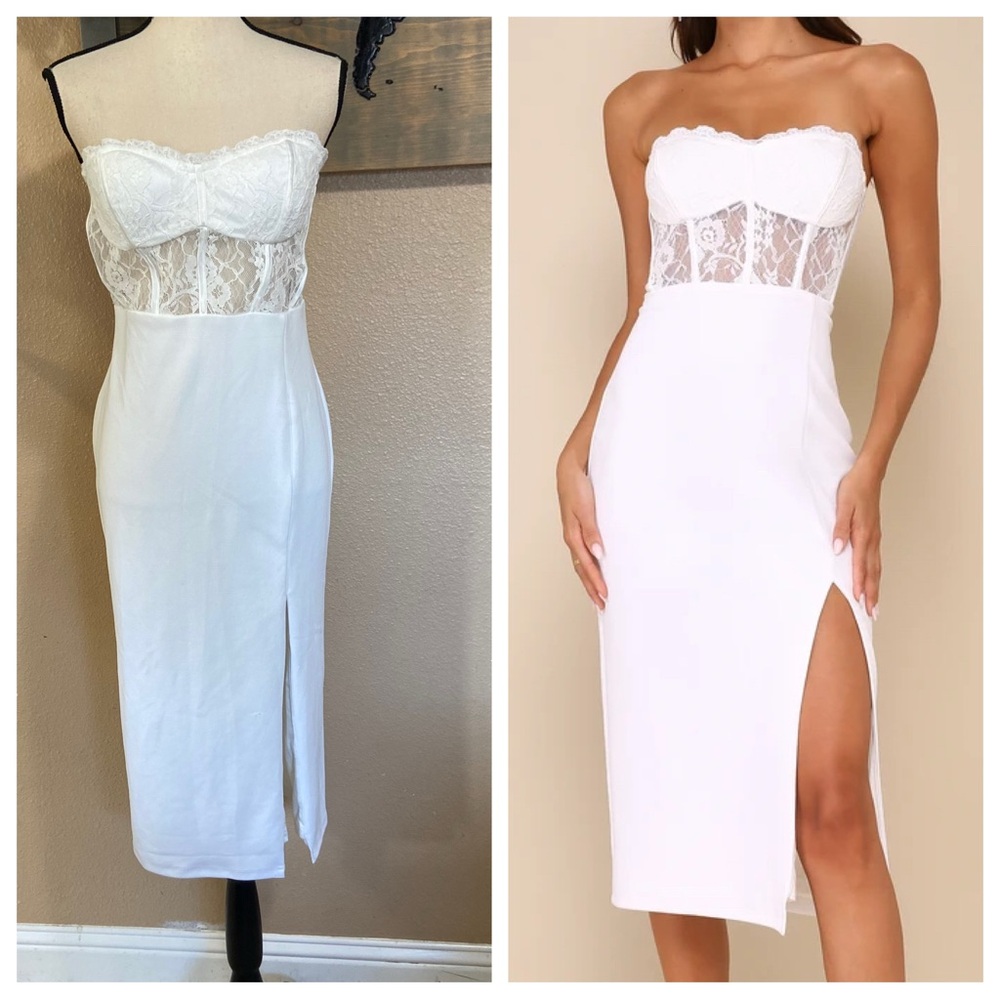 NWOT Lulus Exquisitely Sultry White Lace Strapless Bustier Midi Dress